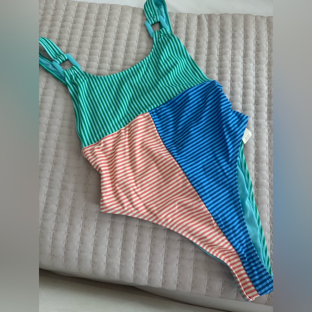 Aerie Colorblock Striped One-Piece Swimsuit - Green, Blue & Coral